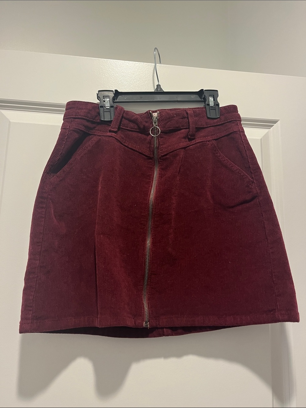 SO Burgundy Corduroy Zip-Front Mini Skirt